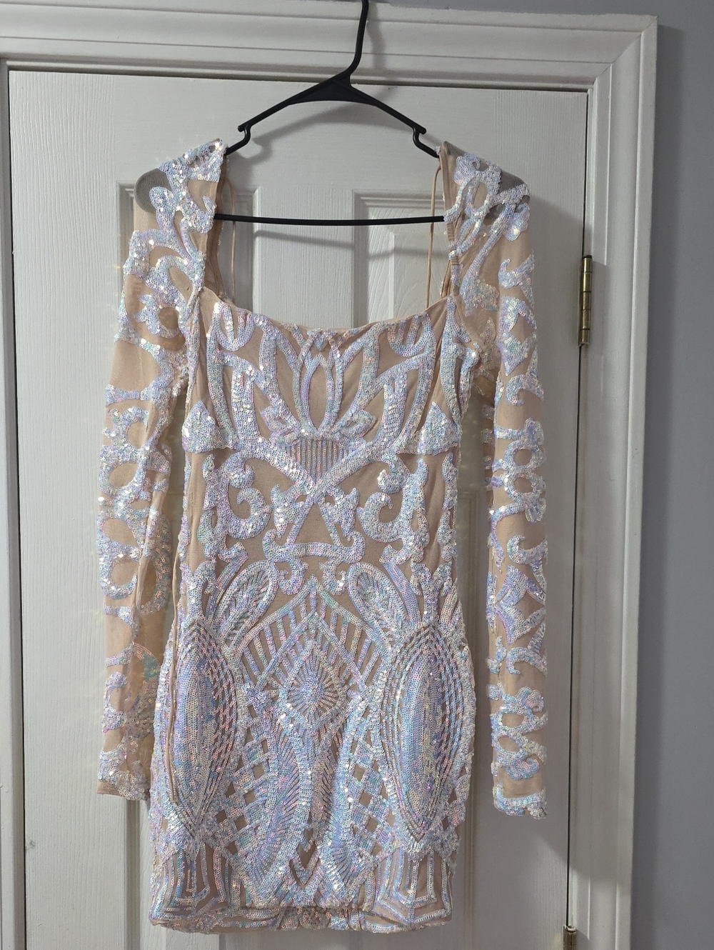 Lucy in the Sky Nude Sequin-Embellished Long Sleeve Bodycon Dress
